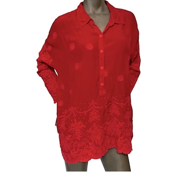 Johnny Was Antik Lace Collared Long Sleeve Blouse Red embroidered fairy whimsy M - Picture 2 of 16